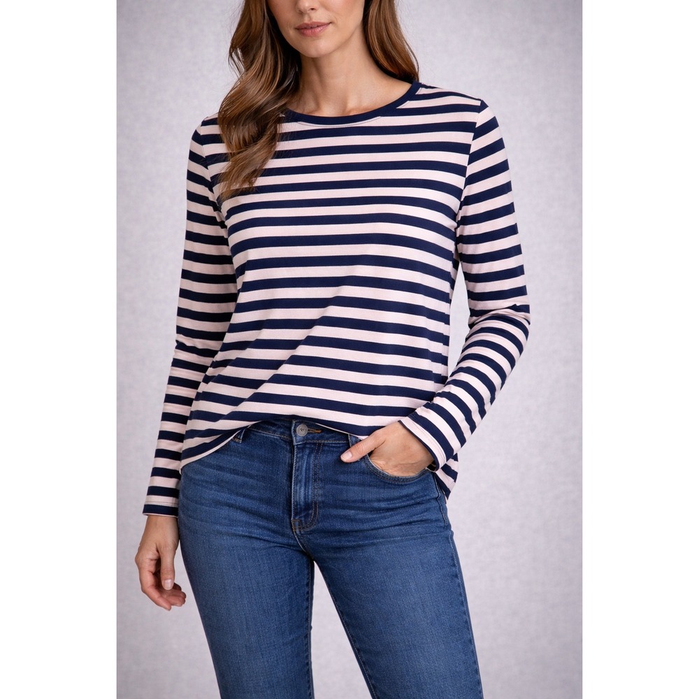 Baukjen Womens Long Sleeve Organic‎ Cotton Striped Top Navy Pink US 12 UK 16